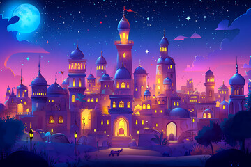 Obraz premium A vibrant, magical cityscape under a starry night sky with illuminated towers and domes.