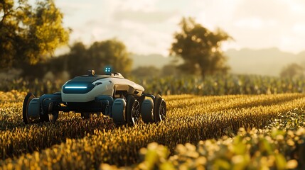 Sunny scene featuring a robotic lawn mower in action.