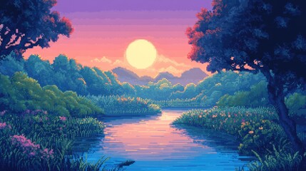 A richly detailed pixel art nature scene with vibrant trees, hills, and a peaceful river under a pixelated sun.