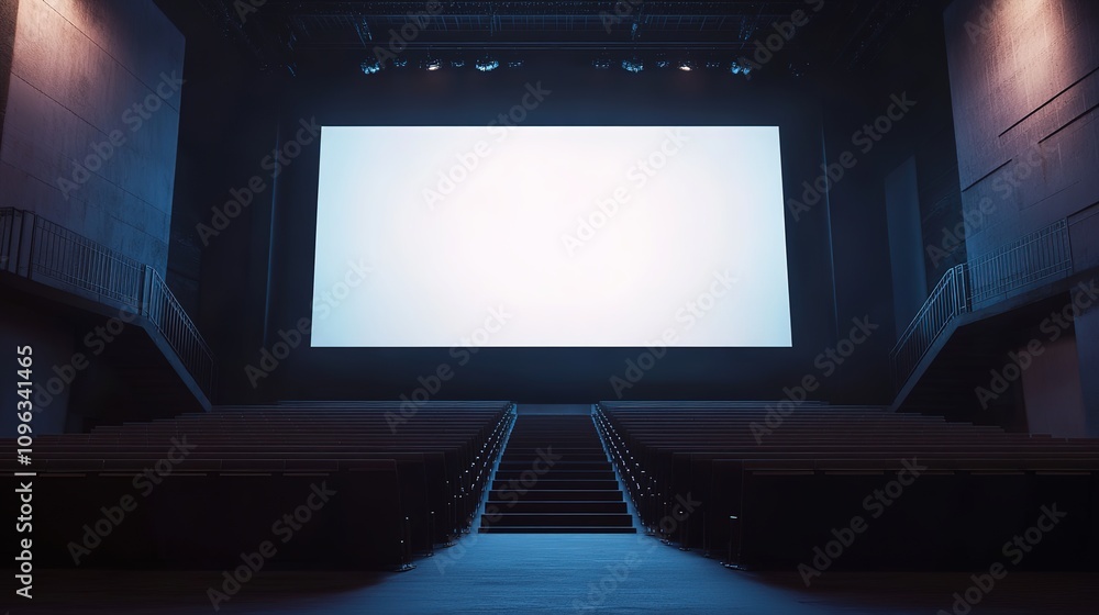 Poster perspective view of a big blank illuminated screen is presented in this 3d rendering, featuring spac