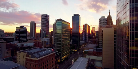 Obraz premium Modern City Skyline with CBD Office Buildings at Sunset, Drone View