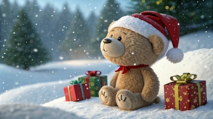Teddy bear with joyful expression sitting on snow with Christmas gifts in winter landscape