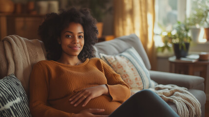 Pregnant woman relaxing at home on a cozy sofa, touching her belly with a calm and happy expression. Warm natural light and soft textures create a serene, comfortable atmosphere 
