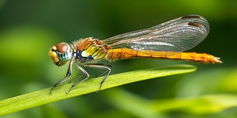 A vibrant close-up of an orange dragonfly perched on a green leaf, showcasing intricate details of its body and wings against a blurred natural background.