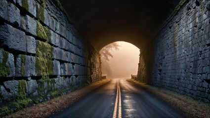 Fototapeta premium Curved road inside a mountain tunnel with mist and natural rock walls creating an adventurous atmosphere