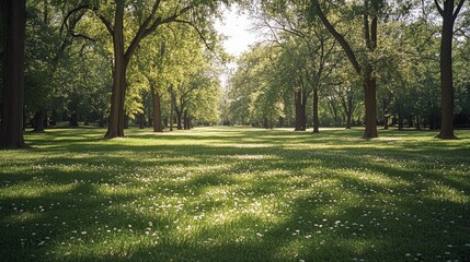 Obraz premium A sunlit grassy path lined with trees in a park.