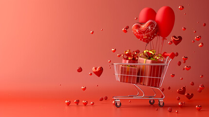 Food Basket and Gift Box: A basket of food, a gift box, and a heart-shaped balloon, representing winter holiday sales, Valentine's Day, and online shopping.