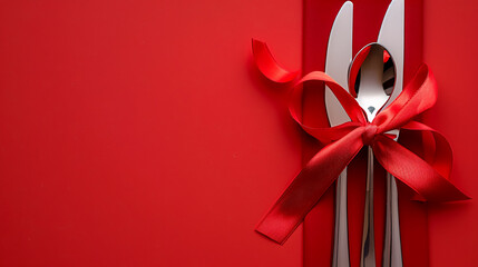 A fork, knife, and spoon tied with a ribbon on a red background, setting the stage for a romantic meal.