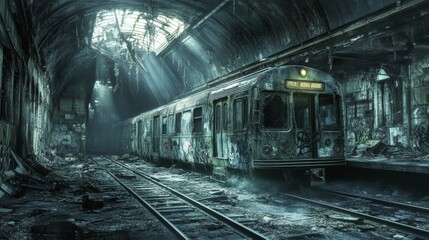Naklejka premium A train sits abandoned in an old, crumbling subway station. Light streams through the cracked ceiling.