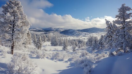 Fototapeta premium A snowy winter landscape with white trees and a serene, undisturbed blanket of snow.