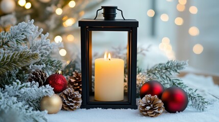 Magical winter lantern with festive decor and candlelight