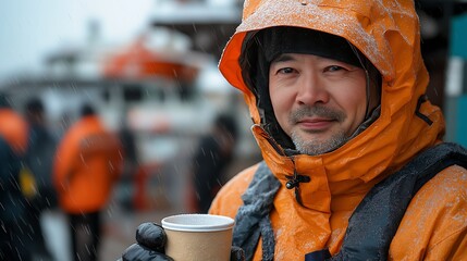 Inside the scientific research station, Chinese scientific research team members wearing down jackets, holding travel cups, drinking water