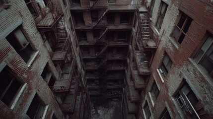 A view from above of a crumbling, dilapidated apartment building in an urban area. The fire escapes are rusted and the windows are broken. The building is in a state of disrepair.