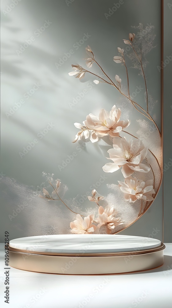 Poster a refined podium with gold elements, featuring a subtle floral design in the background. the empty s