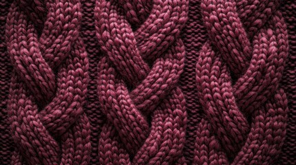 A rich maroon knitted pattern featuring intricate cable designs, showcasing the texture and warmth of the fabric.