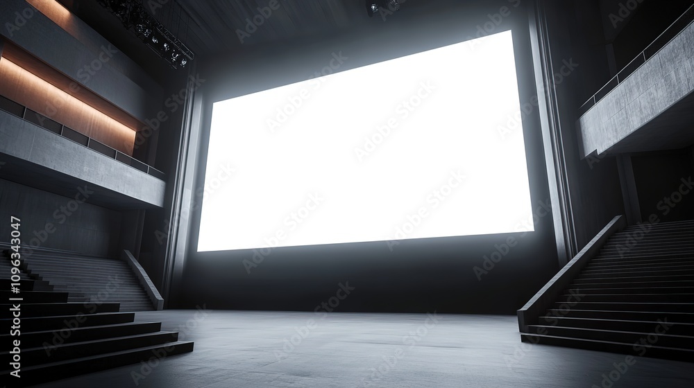 Poster perspective view of a big blank illuminated screen is presented in this 3d rendering, featuring spac