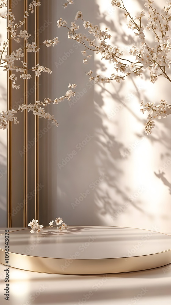 Poster a refined podium with gold elements, featuring a subtle floral design in the background. the empty s