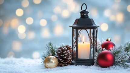 Detailed Christmas lantern with natural decorations in the snow