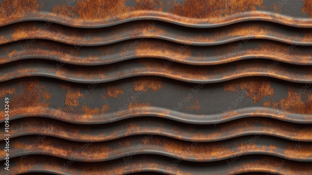 Poster close-up of textured wavy metal surface with rich rust patterns, creating an industrial and vintage 