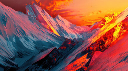 Fototapeta premium Stunning Fiery Sunset Over Icy Winter Landscape with Geometric Shapes in 3D Render, Vibrant Colors and Abstract Elements in 16k Resolution