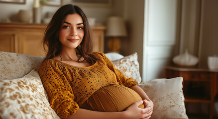 Smiling pregnant woman sitting on a cozy couch in a beautifully decorated living room. Soft golden hues and natural textures create a warm, inviting atmosphere of relaxation and anticipation of mother