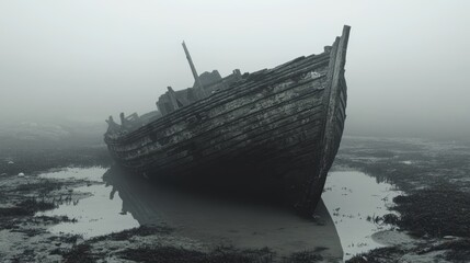 Fototapeta premium A weathered wooden boat rests on the sand, partially submerged in a pool of water, with fog obscuring the background.