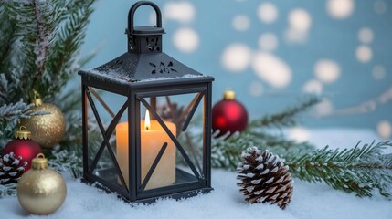 Rustic lantern with glowing candle and festive ornaments