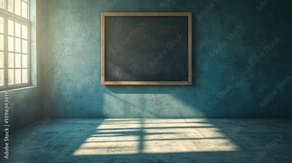 Poster a vintage chalkboard sits in a desolate room, with shadows and soft light creating a mysterious atmo