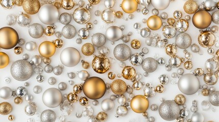 Holiday Ornaments in Silver and Gold Arranged on a White Background with Glittering Details and Varied Sizes for Festive Decor