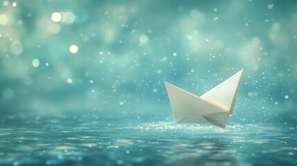 A white paper boat floats on a blue and white bokeh background, symbolizing hope and dreams.