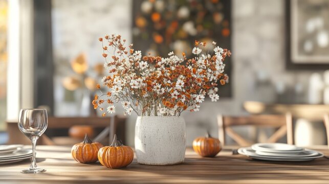Autumn tabletop decor with a rustic vibe featuring a floral arrangement, pumpkins, and elegant table settings in a cozy interior.