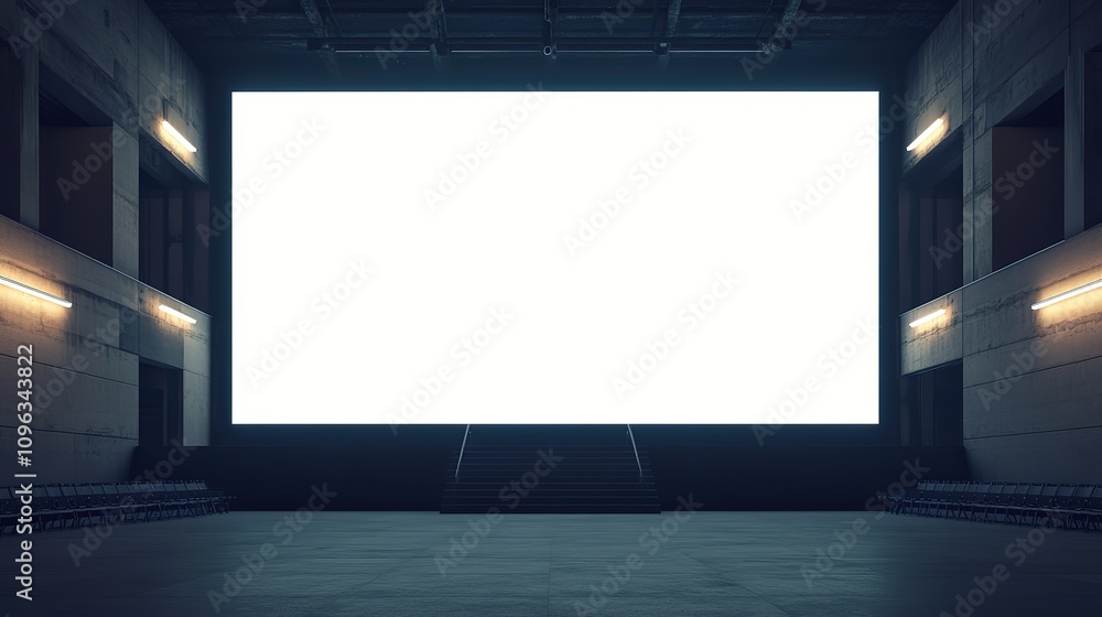 Poster perspective view of a big blank illuminated screen is presented in this 3d rendering, featuring spac