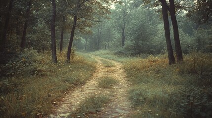 Obraz premium A winding dirt path through a dense, green forest. The path leads into the distance, where the trees are obscured by mist or fog.