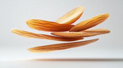 Almond slices floating in mid air, showcasing their thin detail and texture against clean white background, creating visually appealing and serene composition