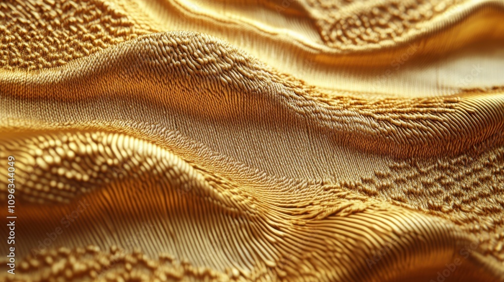 Poster close-up of textured golden fabric creating a wavy pattern, showcasing intricate details and vibrant