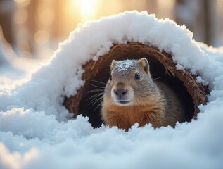 Obraz premium Groundhog sheltering in a snow-covered burrow. Peaceful winter landscape with furry forecaster
