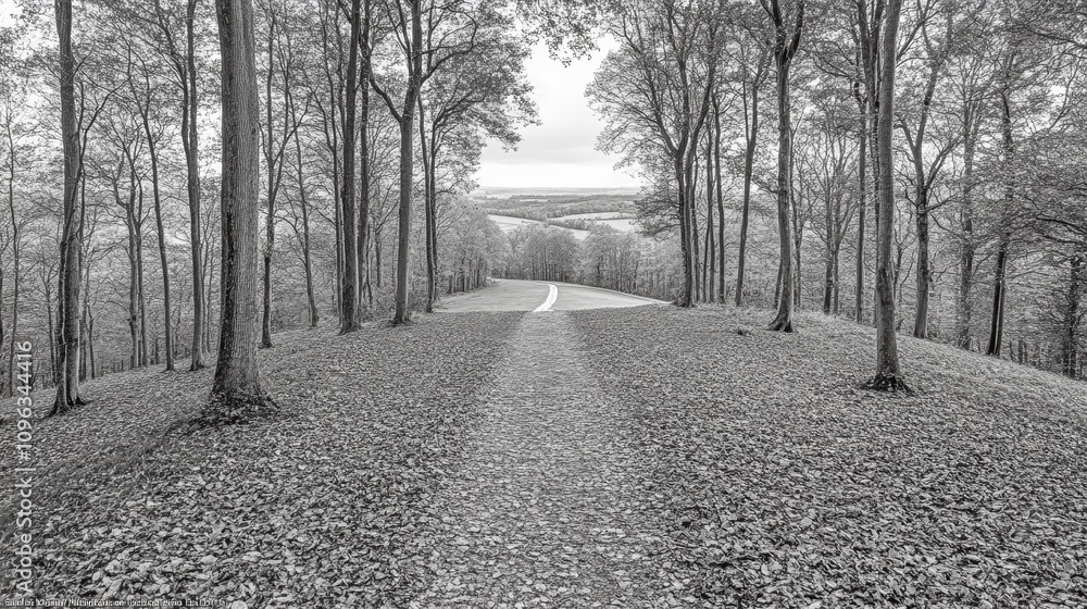 Poster a winding path through a forest leads to a distant view.