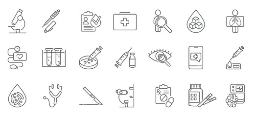 Clinical study, trials line icon set. Comparison group, test person,syringe, pills, microscope,test tubes, dna, test, prescription, Rh factor, blood vector illustration.