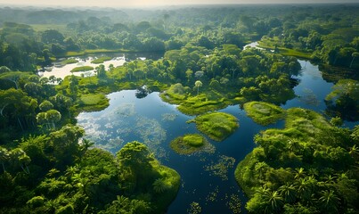 Ecosystem Diversity, Aerial image capturing a diverse forest area, with visible clearings, dense patches, and water bodies