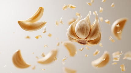 Garlic cloves mid air create dynamic cooking ingredient scene, showcasing realistic texture with selective blur against soft background