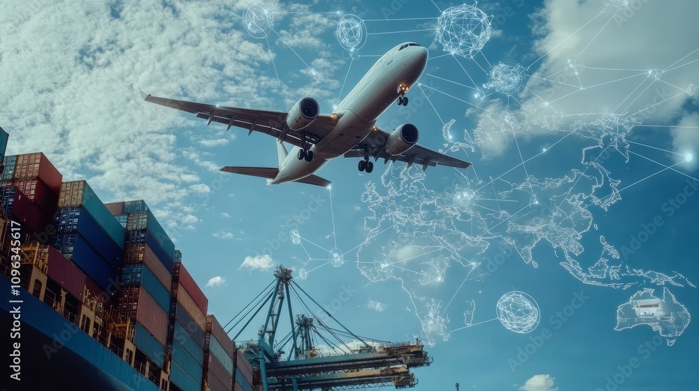 Poster airplane flying over cargo containers and a map of the world with connected lines representing globa