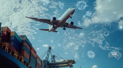 Fototapeta premium Airplane flying over cargo containers and a map of the world with connected lines representing global trade.