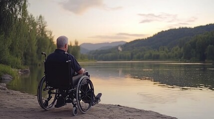 Obraz premium An elderly man sits in a wheelchair by the riverbank at sunset, immersed in the tranquil view of the water and landscape