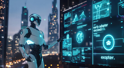 A futuristic robot in white and blue that presents data on holographic screens with icons representing various marketing concepts