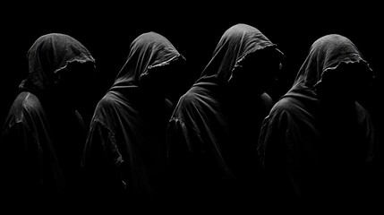 Mysterious figures in dark hoodies create an atmosphere of suspense and secrecy, symbolizing anonymity and intrigue in a shadowy setting.