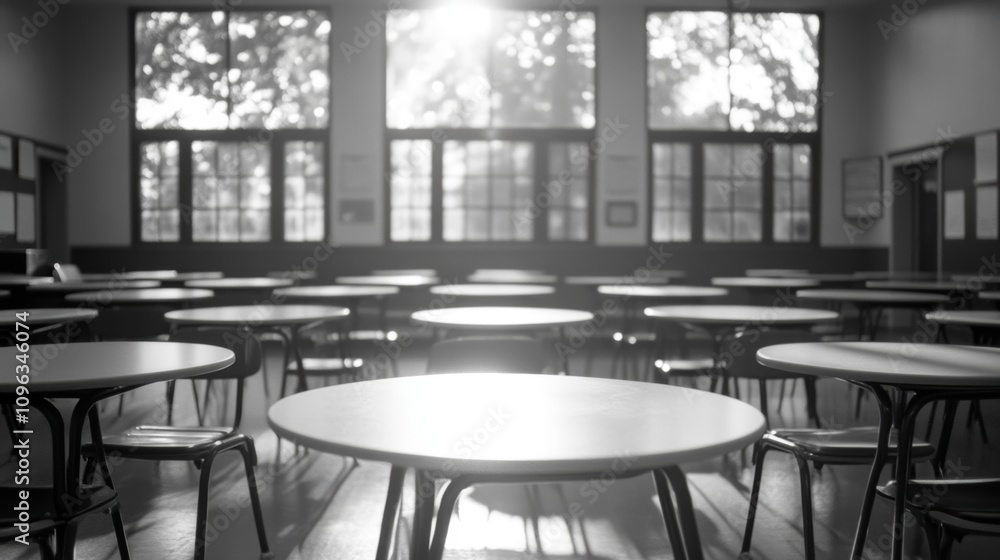 Aufkleber an empty classroom with round tables and chairs, sunlight shining through the windows.