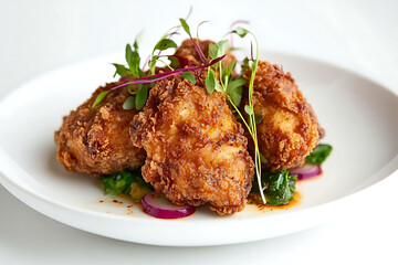 Crispy fried chicken on white plate isolated on white