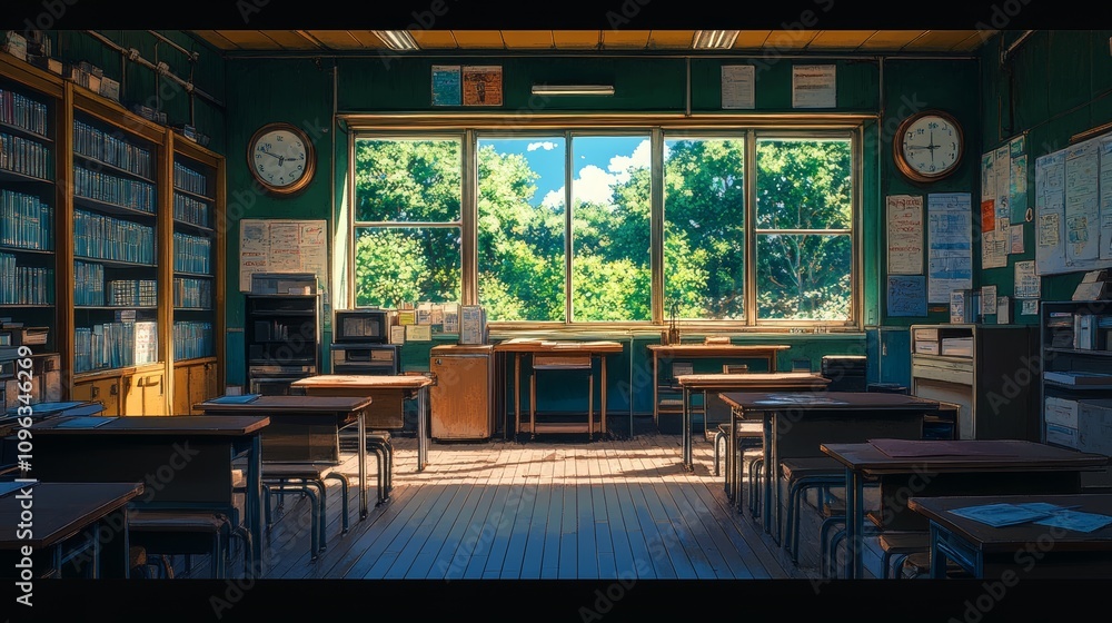 Poster an empty classroom with wooden desks and chairs, a bookshelf filled with books, and a large window o