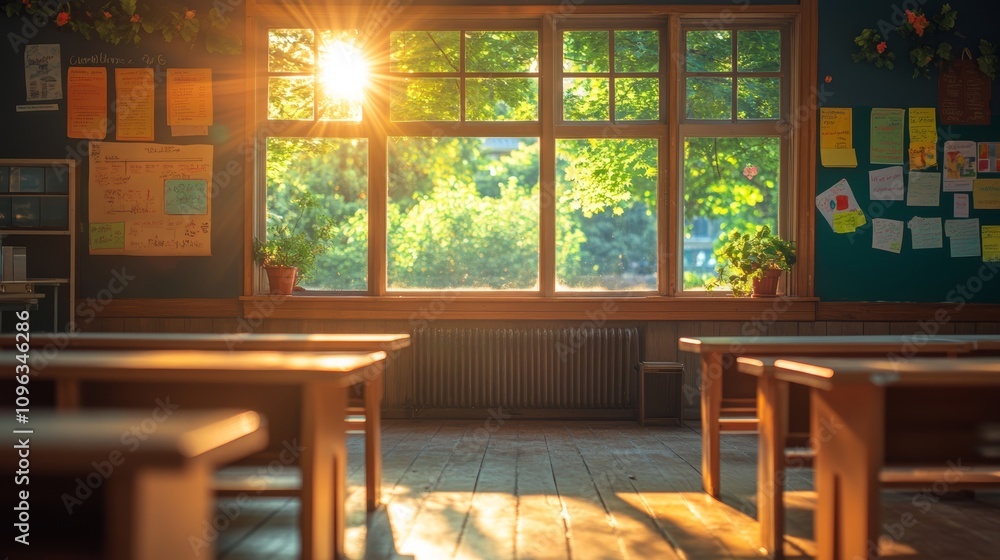 Poster an empty classroom with wooden desks and chairs, illuminated by sunlight streaming through a large w