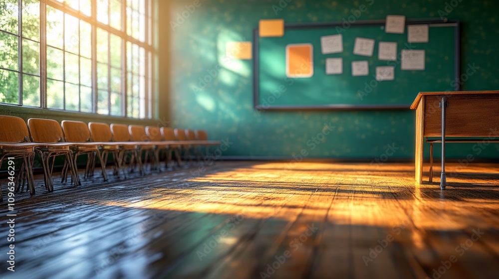 Poster an empty classroom with wooden desks and chairs, a chalkboard with notes, and a large window with su